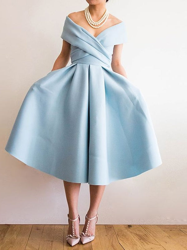 A-Line/Princess Off-the-Shoulder V-Neck Tea-Length Prom Dresses With Pleated BabaMila