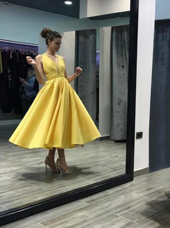 Open Back Homecoming Dresses Yellow Tea-length Short Prom Dress Party Dress Homecoming Dress BabaMila