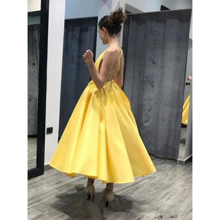 Open Back Homecoming Dresses Yellow Tea-length Short Prom Dress Party Dress Homecoming Dress BabaMila