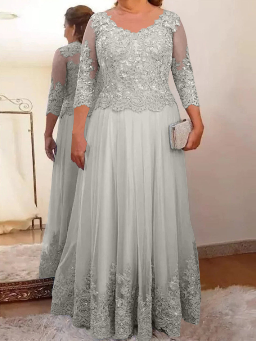 A-Line/Princess Sheer Neck 3/4 Length Sleeves Floor-Length Mother Of The Bride Dresses With Applique BabaMila