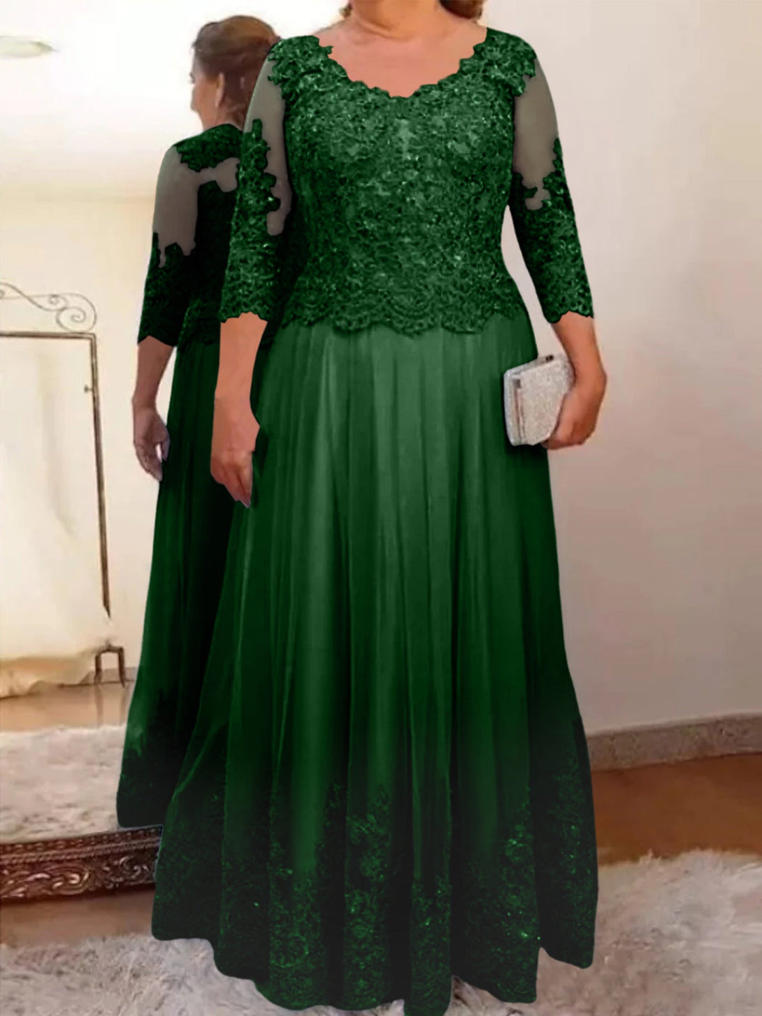 A-Line/Princess Sheer Neck 3/4 Length Sleeves Floor-Length Mother Of The Bride Dresses With Applique BabaMila