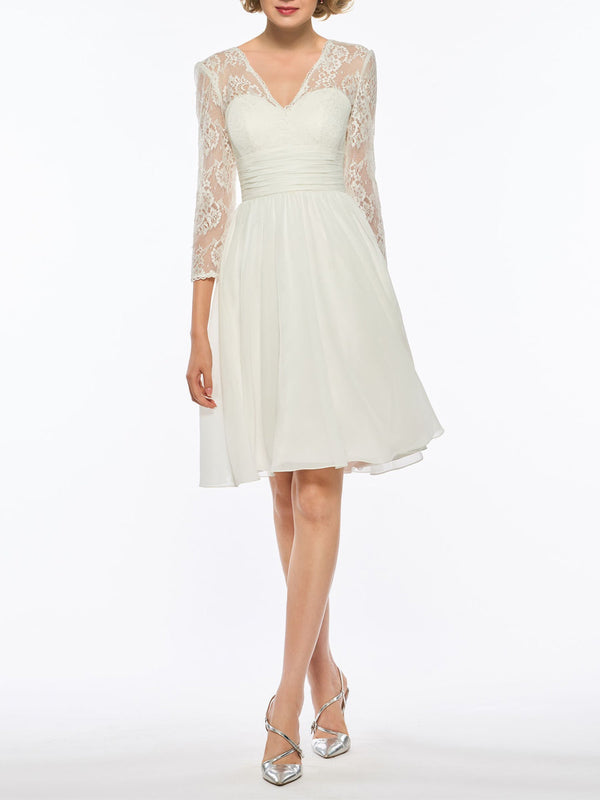 A-Line/Princess V-Neck 3/4 Sleeves Knee-Length Wedding Dress with Lace BabaMila