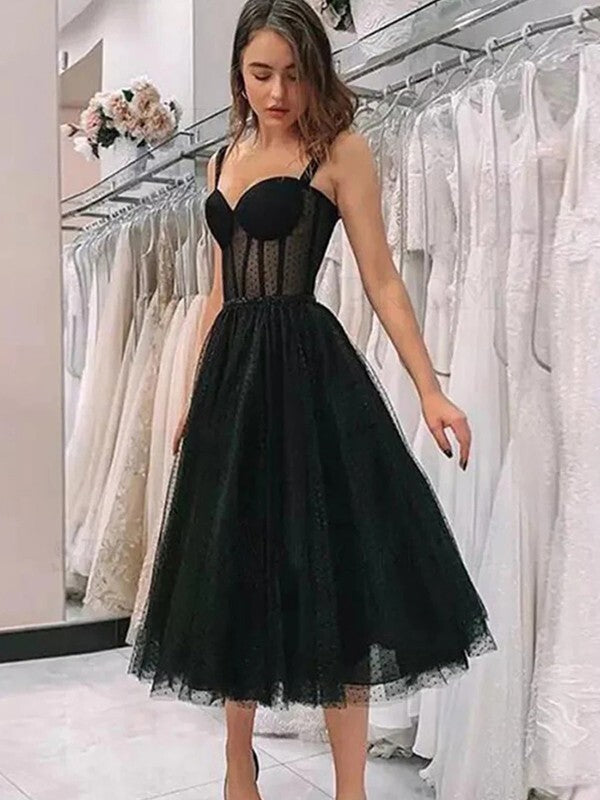 Black A-Line Sweetheart Tulle Tea-Length Cocktail Dresses With Polka Dots BabaMila