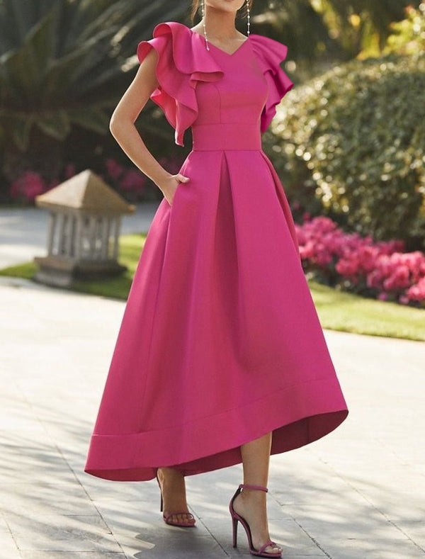 A-Line/Princess V-Neck Flutter Straps Asymmetrical Prom Dresses With Ruffles BabaMila