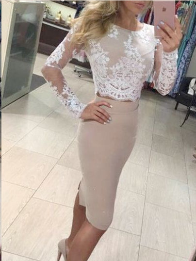 Long Sleeve Two Piece Homecoming Dresses Column Short Prom Dress Sexy Party Dress Homecoming Dress BabaMila