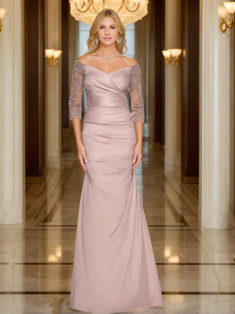 Trumpet/Mermaid V-Neck 3/4 Sleeves Ruched Mother Of The Bride Dresses With Appliques BabaMila