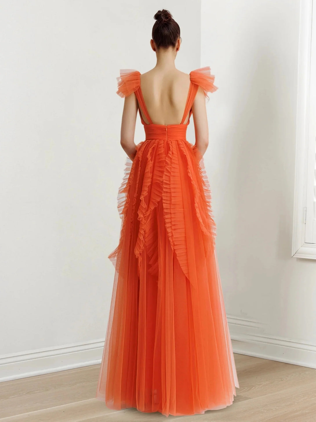 A-Line/Princess V-Neck Sleeveless Floor-length Long Prom Dresses Whit Ruffled BabaMila