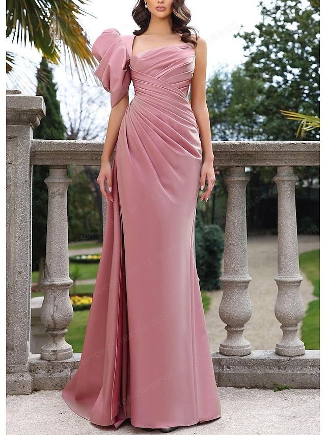 Sheath/Column Asymmetrical One-Shoulder Floor-length Prom Dresses With Pleated BabaMila
