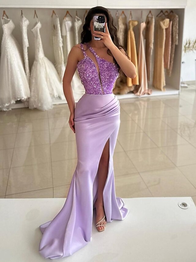 Mermaid/Trumpet One-Shoulder Sleeveless Floor-Length Long Evening Dresses with Sequins BabaMila