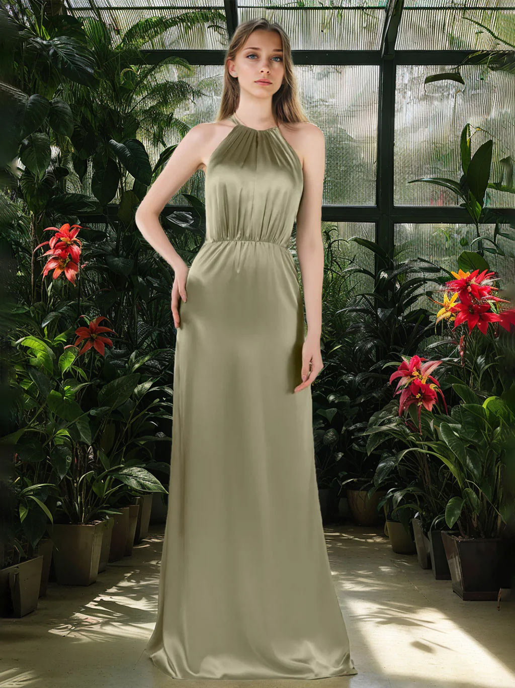 A Line/Princess Halter Sleeveless Floor-Length Bridesmaid Dresses with Ruffles BabaMila