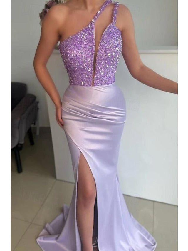 Mermaid/Trumpet One-Shoulder Sleeveless Floor-Length Long Evening Dresses with Sequins BabaMila