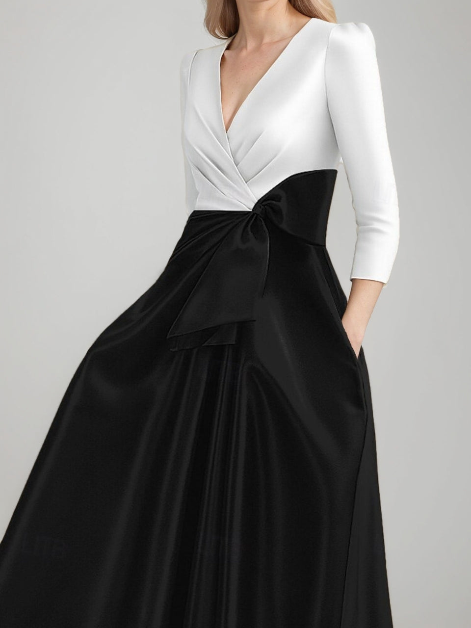 A-Line/Princess V-Neck 3/4 Sleeves Pleated Tea-Length Ruched Mother Of The Bride Dresses With Bow & Pocket BabaMila