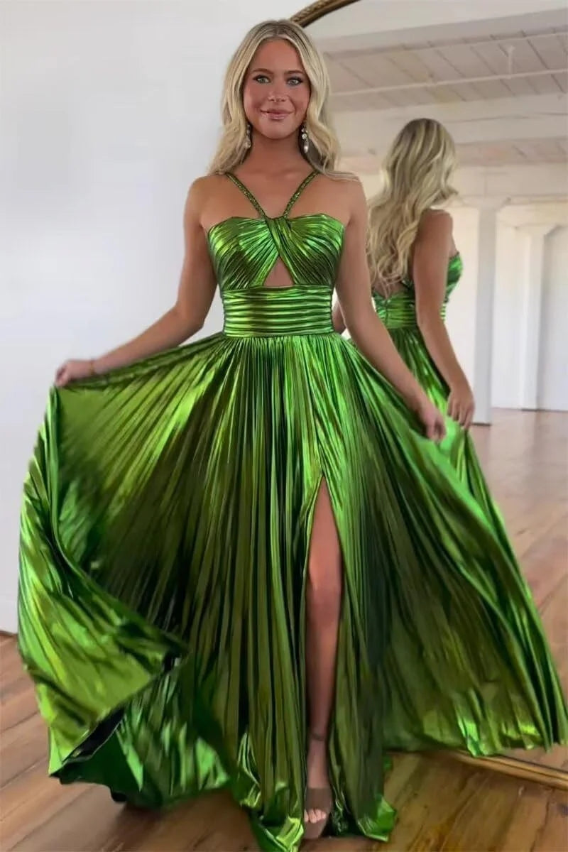 A-Line/Princess Spaghetti Straps Sleeveless Floor-length Long Formal Evening Dresses with Split Side BabaMila