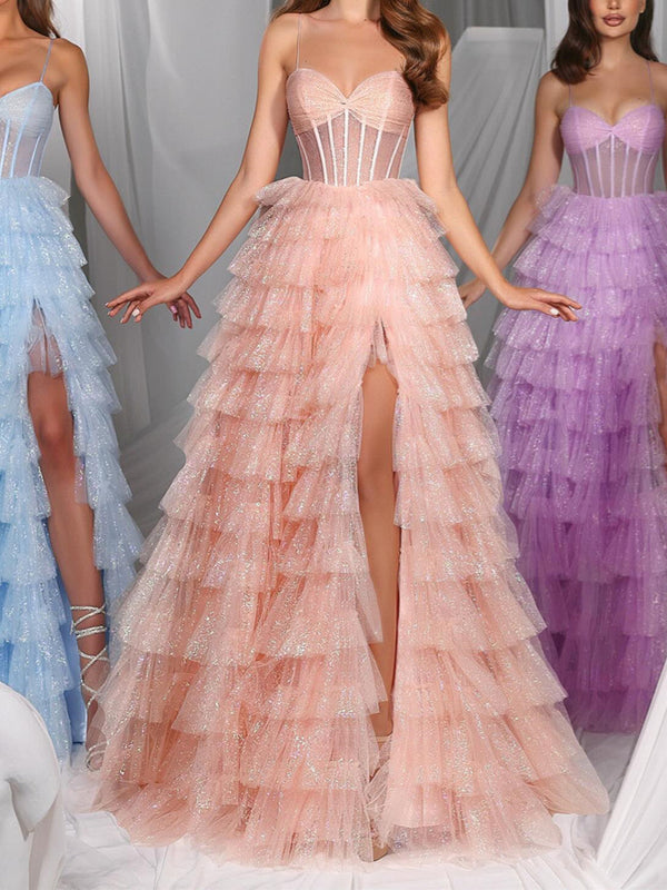 A-Line/Princess Spaghetti Straps Floor-length Prom Dresses With Ruffles BabaMila