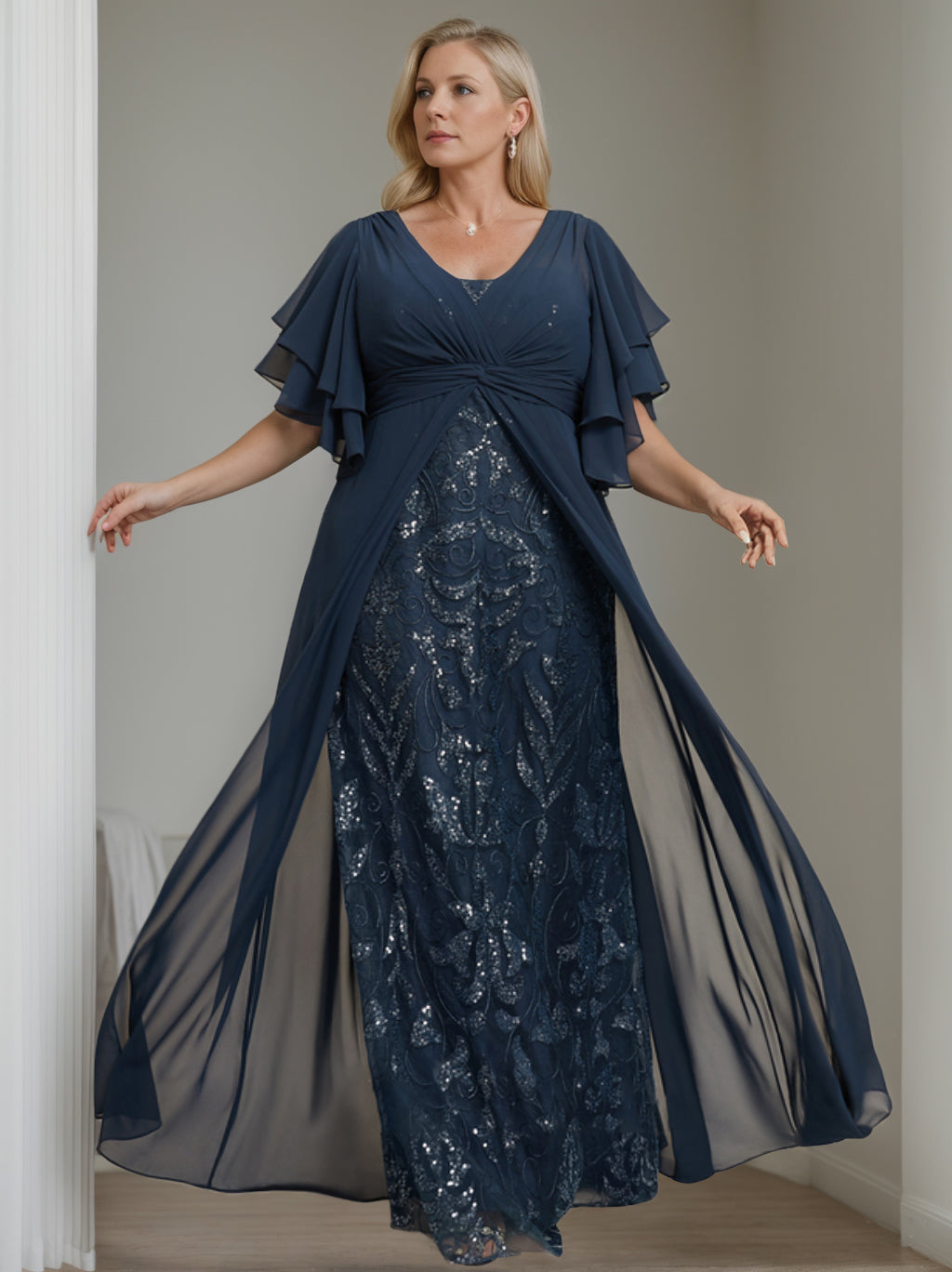 A-Line/Princess V-Neck Half Sleeves Floor-Length Plus Size Mother Of The Bride Dresses With Pleated BabaMila