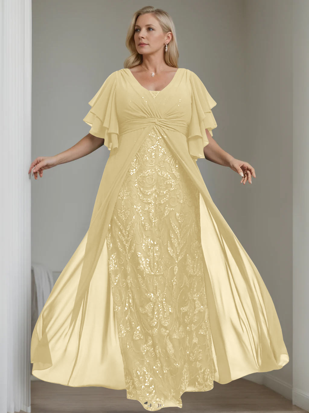 A-Line/Princess V-Neck Half Sleeves Floor-Length Plus Size Mother Of The Bride Dresses With Pleated BabaMila