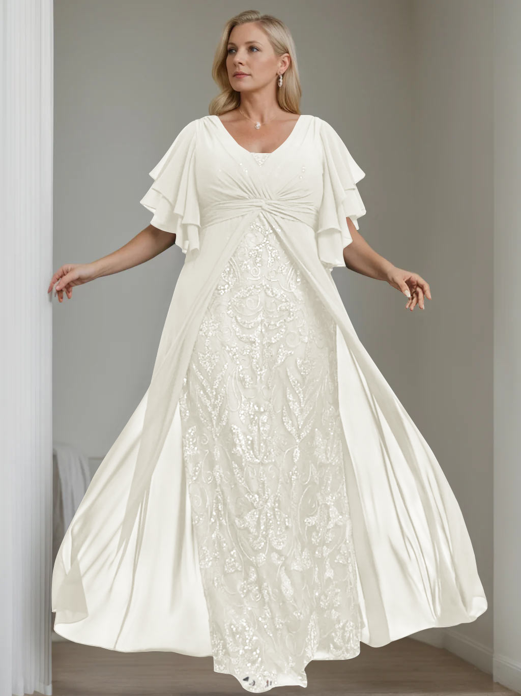 A-Line/Princess V-Neck Half Sleeves Floor-Length Plus Size Mother Of The Bride Dresses With Pleated BabaMila