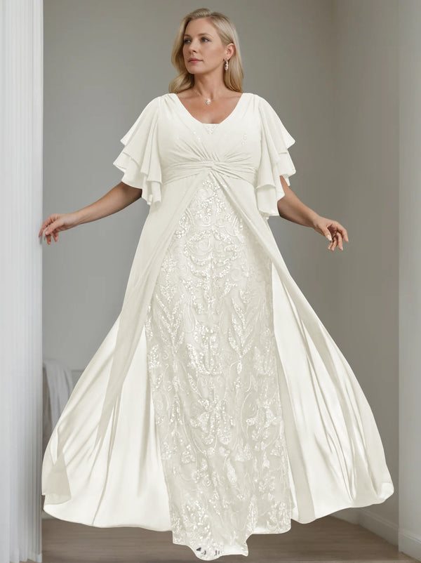 A-Line/Princess V-Neck Half Sleeves Floor-Length Plus Size Mother Of The Bride Dresses With Pleated BabaMila