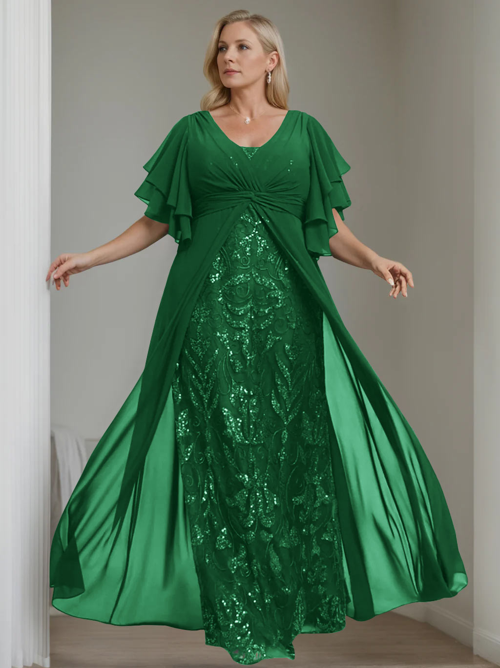 A-Line/Princess V-Neck Half Sleeves Floor-Length Plus Size Mother Of The Bride Dresses With Pleated BabaMila