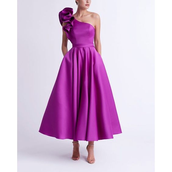 A-Line/Princess Satin One-Shoulder Tea-Length Prom Dresses With Ruffles/belt BabaMila
