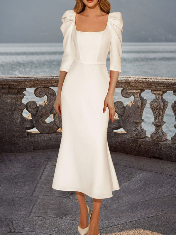Sheath/Column Retro Square Neck 3/4 Sleeves Tea Length Elegant Wedding Dress With Ruffles BabaMila