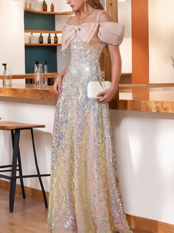 A-Line/Princess Off-the-Shoulder Short Sleeves Elegant Evening Dresses with Bow BabaMila