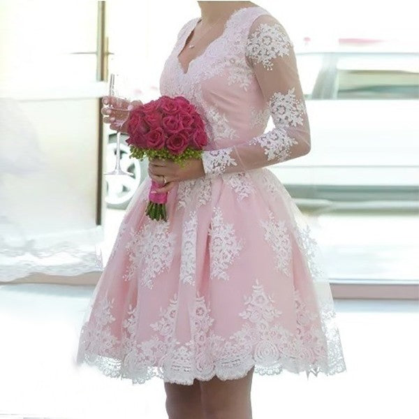 Long Sleeve Beautiful Homecoming Dresses Lace V-neck Short Prom Dress Party Dress Homecoming Dress BabaMila