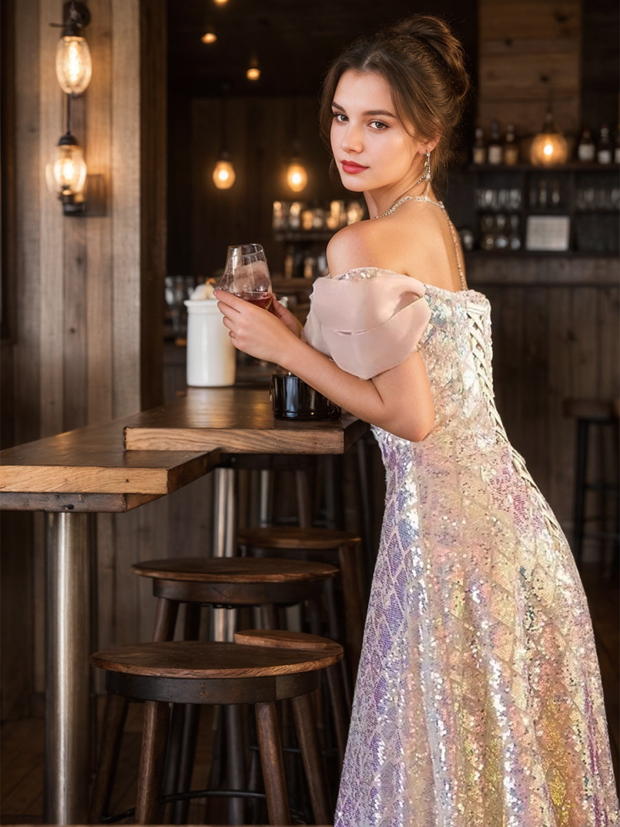 A-Line/Princess Off-the-Shoulder Short Sleeves Elegant Evening Dresses with Bow BabaMila