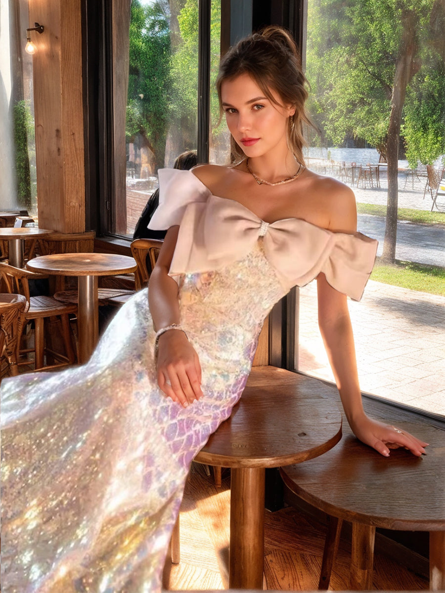 A-Line/Princess Off-the-Shoulder Short Sleeves Elegant Evening Dresses with Bow BabaMila