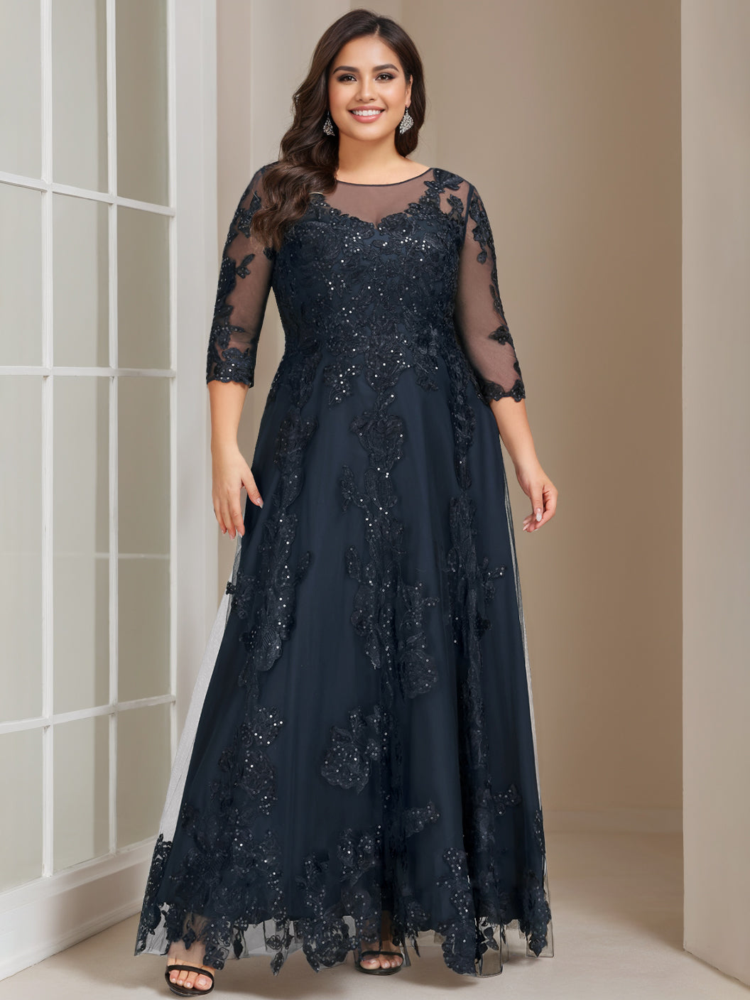 A-Line/Princess Scoop 3/4 Length Sleeves Floor-Length Plus Size Mother Of The Bride Outfits With Sequins BabaMila