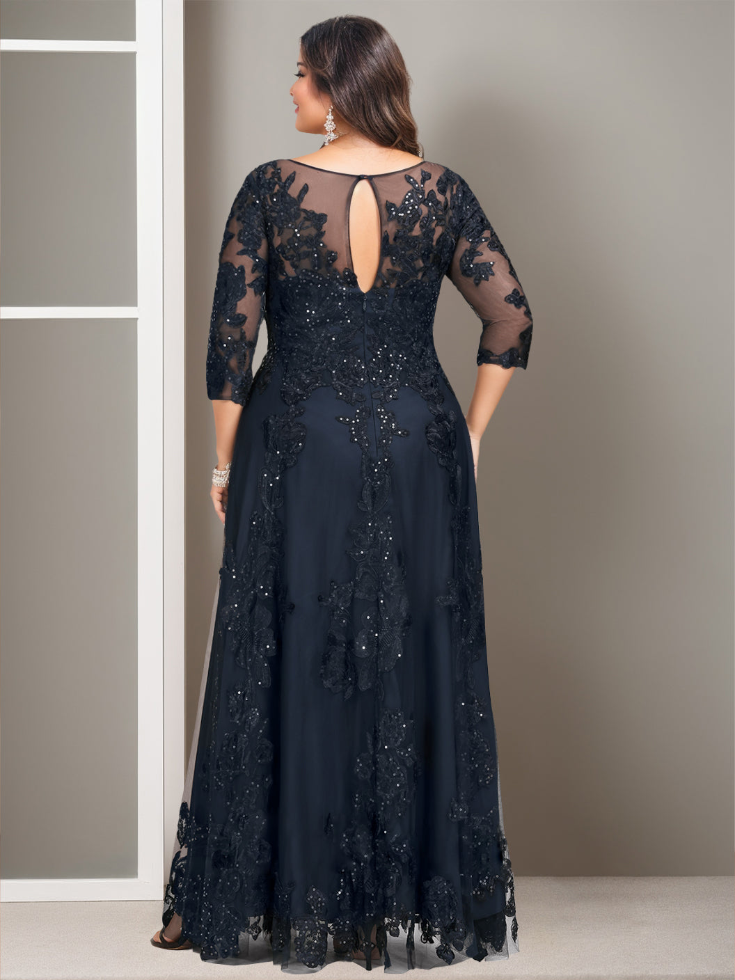 A-Line/Princess Scoop 3/4 Length Sleeves Floor-Length Plus Size Mother Of The Bride Outfits With Sequins BabaMila