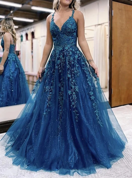 A-Line/Princess Spaghetti Straps Floor-length Long Prom Dresses With Appliques BabaMila
