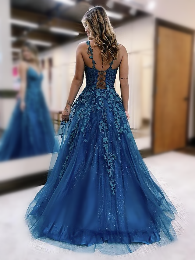 A-Line/Princess Spaghetti Straps Floor-length Long Prom Dresses With Appliques BabaMila