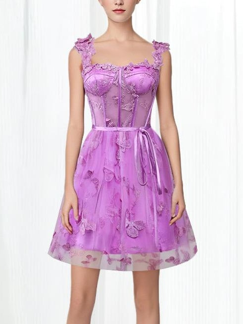 A-Line/Princess Off-the-Shoulder Sleeveless Short/Mini Party Dance Cocktail Homecoming Dress With Embroidery/Belt BabaMila