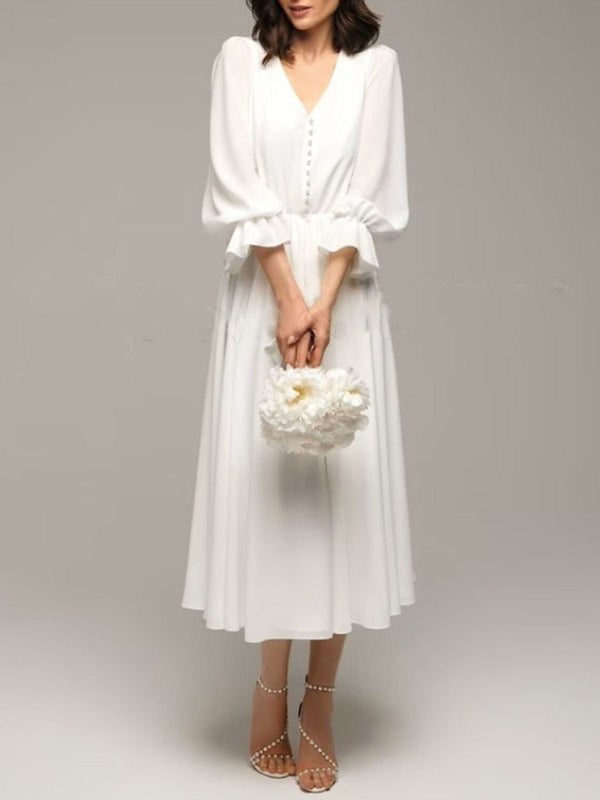 A-Line/Princess V-Neck Ruffle 3/4 Sleeves Tea Length Elegant Wedding Dress BabaMila