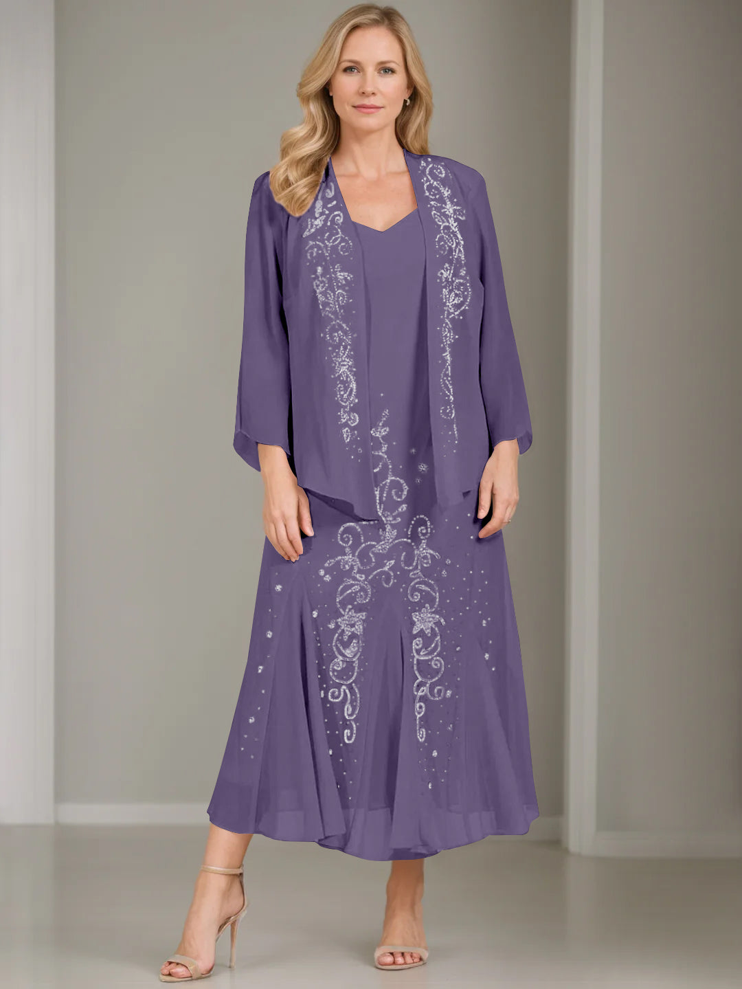 A-Line/Princess 2 Pieces V-Neck Tea-Length Plus Size Mother Of The Bride Dresses With Jacket & Sequins BabaMila