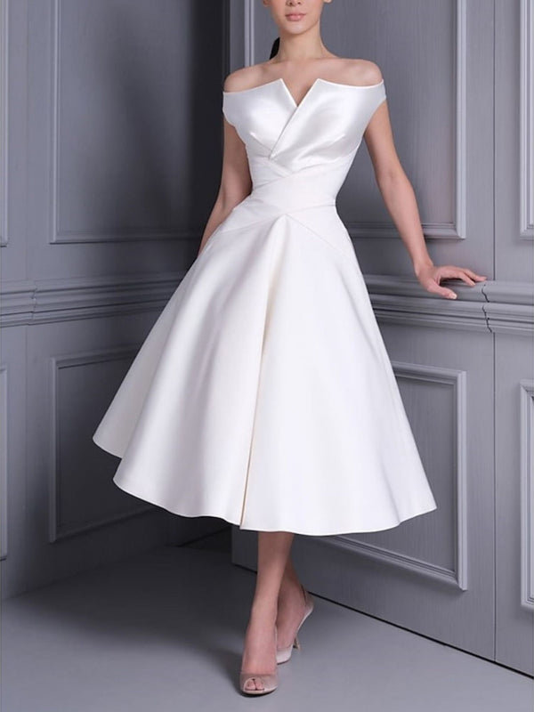 A-Line/Princess Off-the-shoulder Short Sleeves Tea Length luxurious Wedding Dress With Ruffle BabaMila