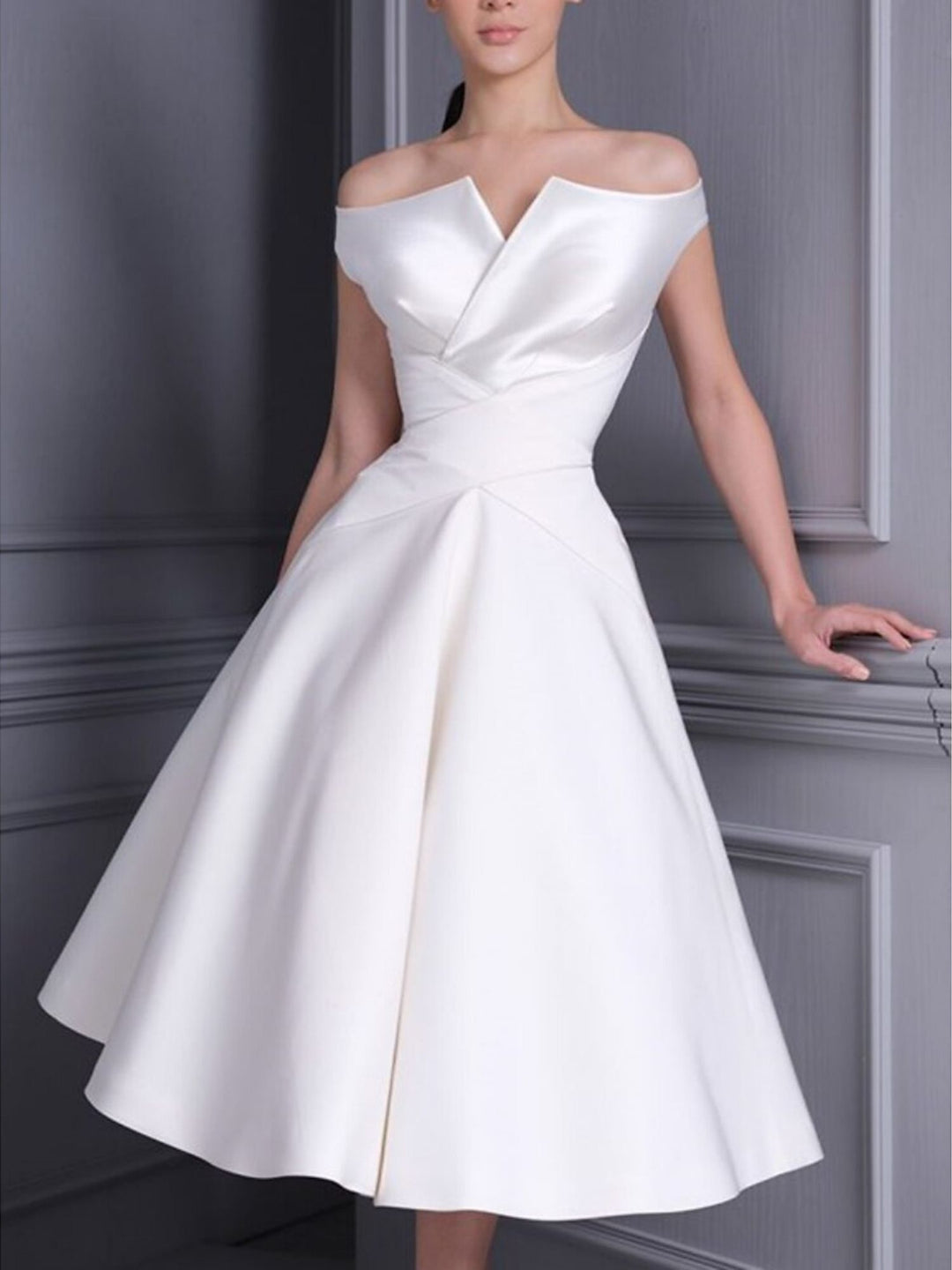 A-Line/Princess Off-the-shoulder Short Sleeves Tea Length luxurious Wedding Dress With Ruffle BabaMila
