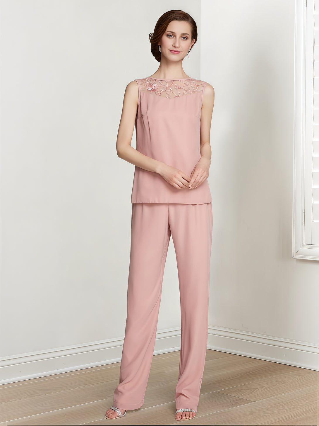 Boat Neck Long Sleeve Floor-Length Chiffon Mother of the Bride Pantsuits With Appliques/Jacket BabaMila