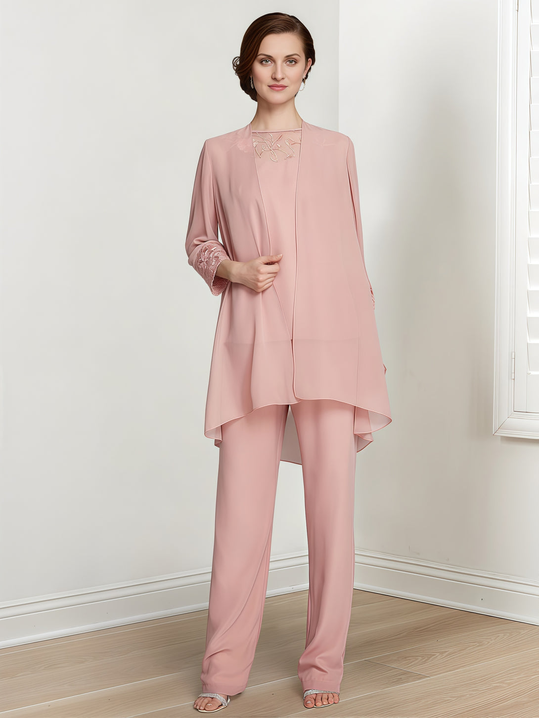 Boat Neck Long Sleeve Floor-Length Chiffon Mother of the Bride Pantsuits With Appliques/Jacket BabaMila