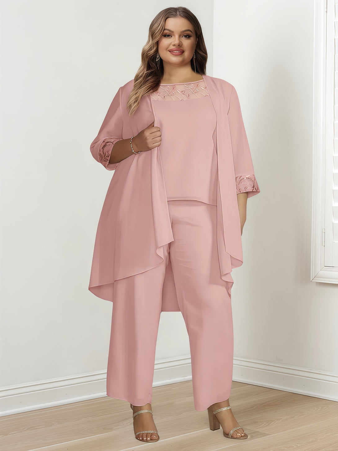 Boat Neck Long Sleeve Floor-Length Chiffon Mother of the Bride Pantsuits With Appliques/Jacket BabaMila