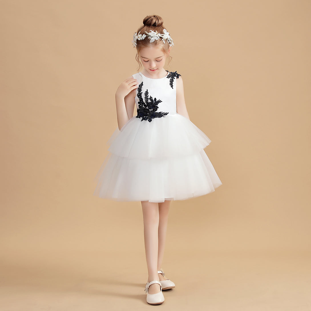 Sleeveless Scoop Neck Knee-Length Ivory Satin/Tulle Flower Girl Dresses With Appliques Girls Gidiondress