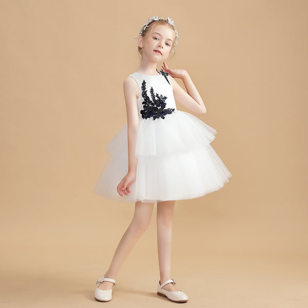 Sleeveless Scoop Neck Knee-Length Ivory Satin/Tulle Flower Girl Dresses With Appliques Girls Gidiondress