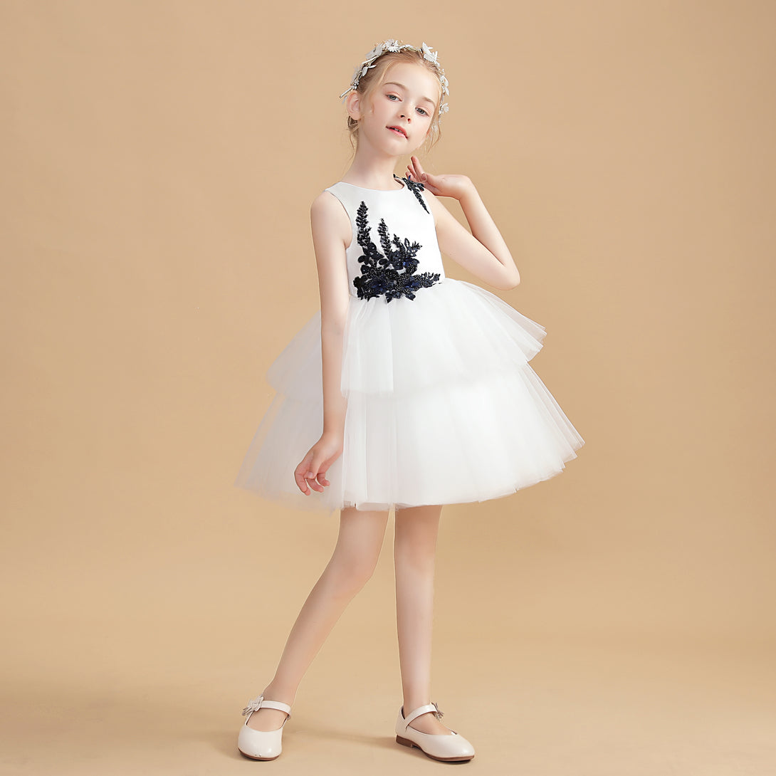 Sleeveless Scoop Neck Knee-Length Ivory Satin/Tulle Flower Girl Dresses With Appliques Girls Gidiondress Ivory 12M