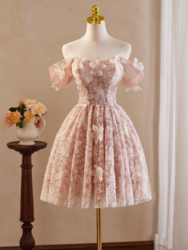 A-Line Off Shoulder Tulle Lace Short Prom Dress Homecoming Dress BabaMila