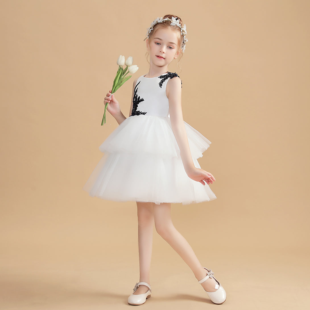 Sleeveless Scoop Neck Knee-Length Ivory Satin/Tulle Flower Girl Dresses With Appliques Girls Gidiondress