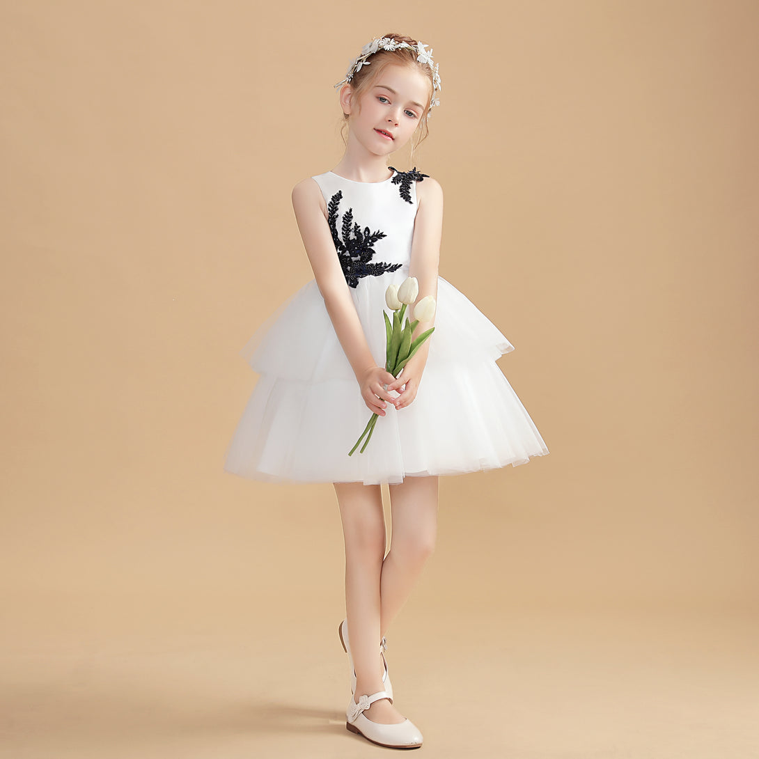 Sleeveless Scoop Neck Knee-Length Ivory Satin/Tulle Flower Girl Dresses With Appliques Girls Gidiondress