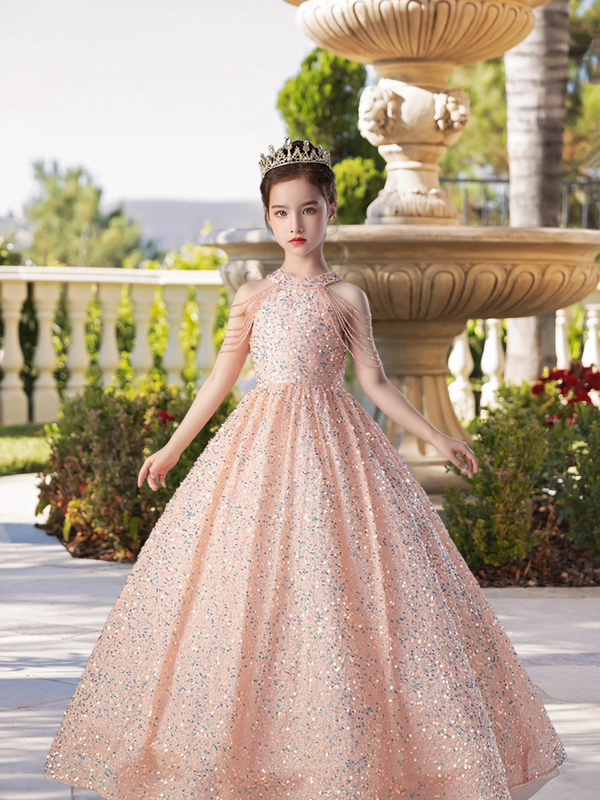 Exquisite Halter Cold Shoulder Floor-Length Sequined Lace Ball Gown/Princess With Beads/Bow Gidiondress
