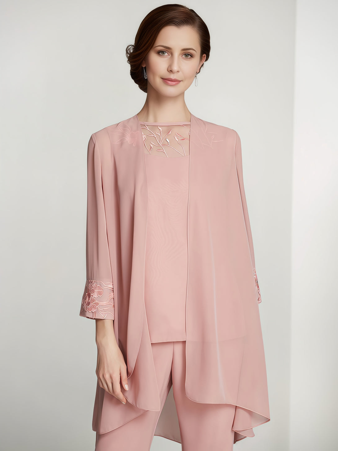 Boat Neck Long Sleeve Floor-Length Chiffon Mother of the Bride Pantsuits With Appliques/Jacket BabaMila