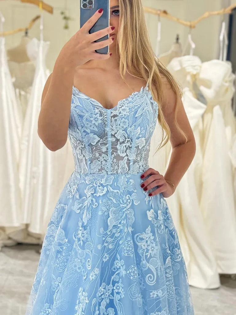 V Neck Blue Lace Prom Dresses, V Neck Light Blue Lace Floral Formal Evening Dresses BabaMila